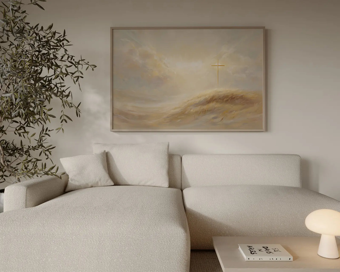 Elegant minimalist cross print with heavenly light and soft aesthetic for modern Christian home