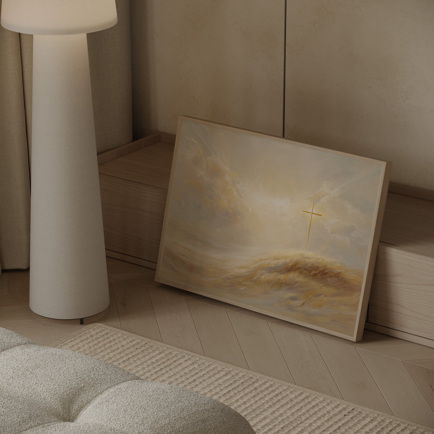 Modern spiritual painting of the Christian cross standing on a hill, with soft tonal colors, impressionist textures, and glowing ethereal light.