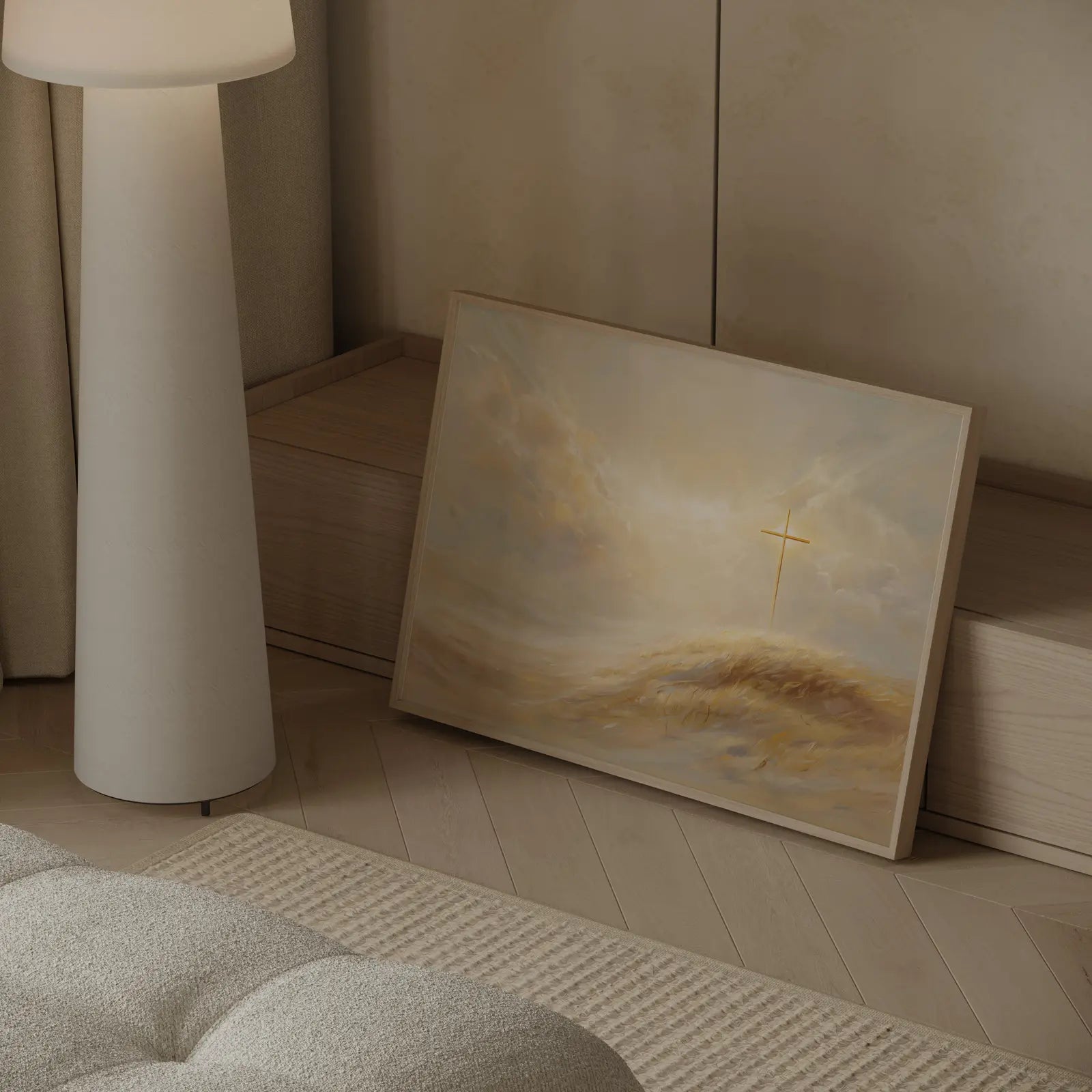 Painting of serene golden cross in meadow with gentle light perfect for Christian bedroom or prayer room