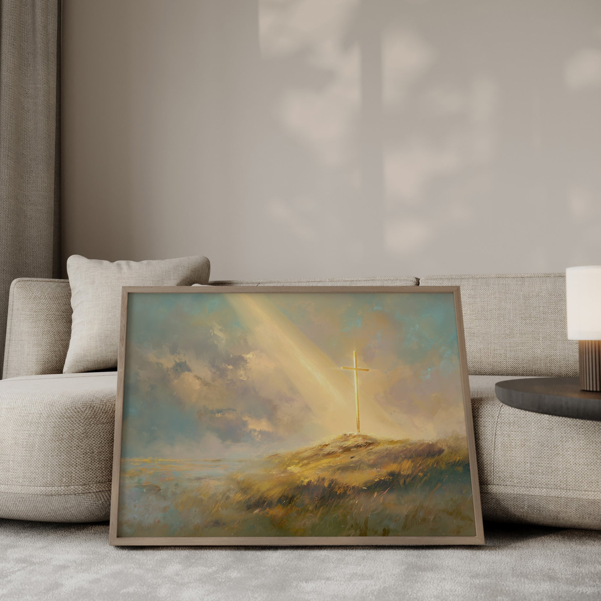 Soft-focus ethereal painting of the Christian cross on a hill, featuring muted tonal palette, impressionist textures, and serene, heavenly glow.