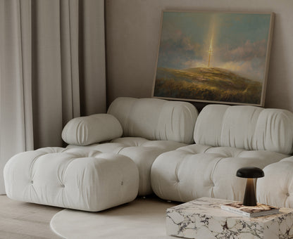 Spiritual Luminist painting of the Christian cross, with subtle light radiating into the surrounding sky, soft impressionist brushstrokes, and a serene atmosphere.