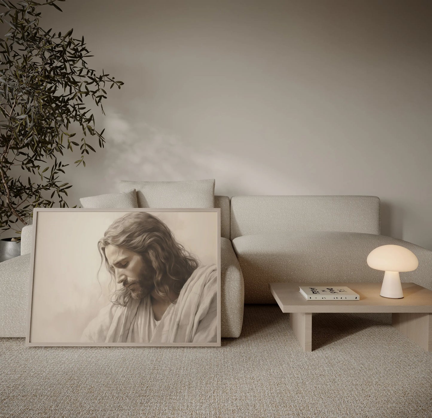 Museum-quality Jesus portrait wall art in warm sepia tones styled in a minimalist living room