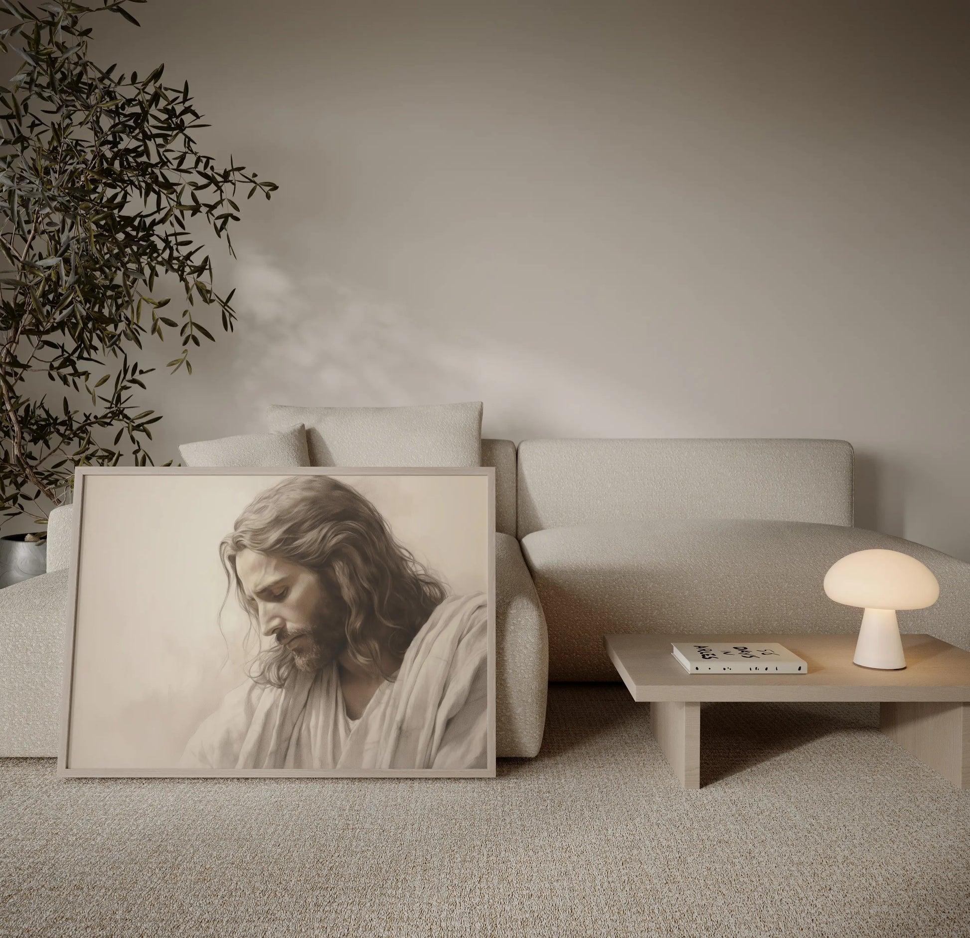 Museum-quality Jesus portrait wall art in warm sepia tones styled in a minimalist living room