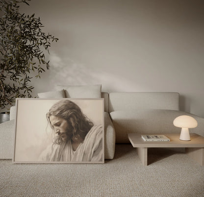 Museum-quality Jesus portrait wall art in warm sepia tones styled in a minimalist living room