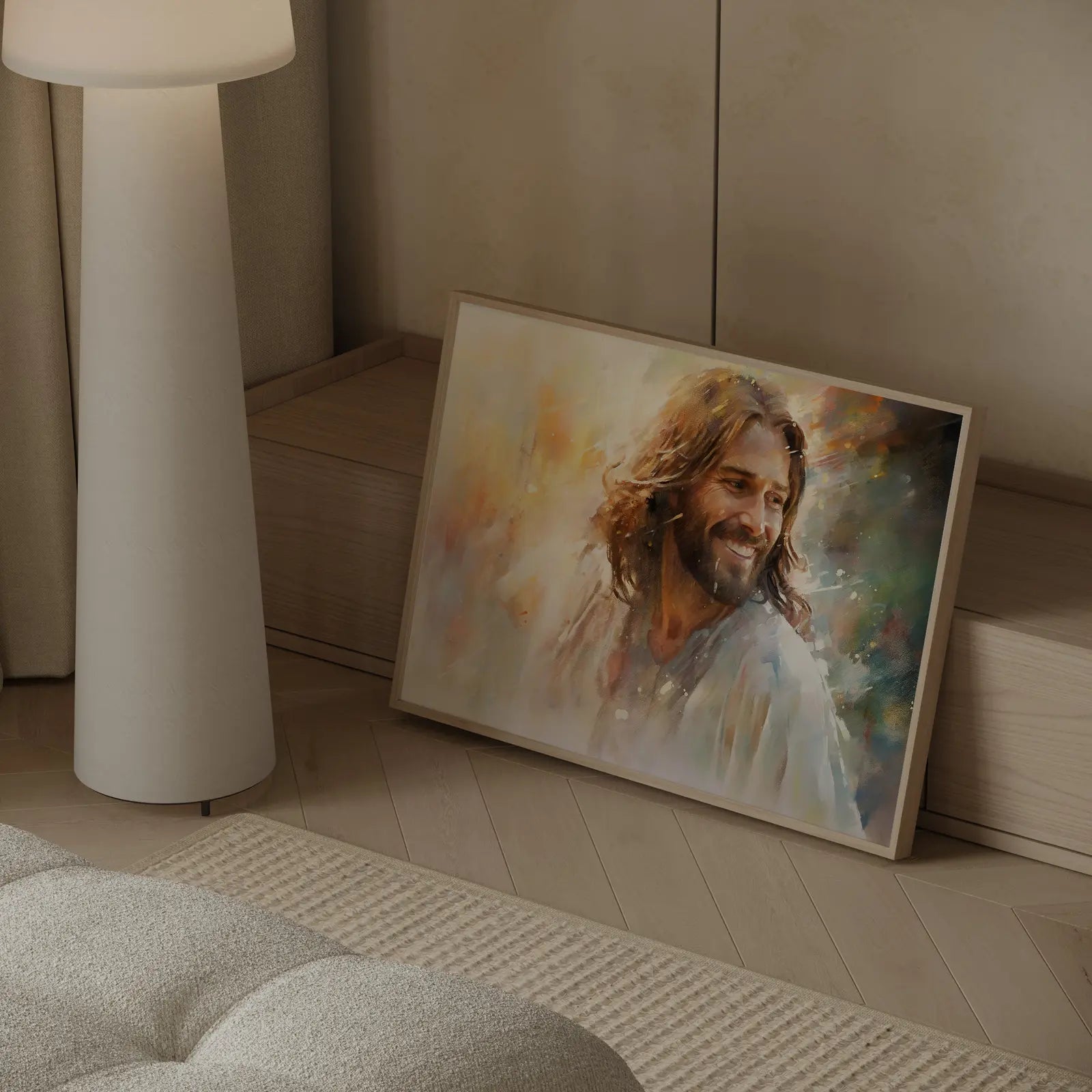 Close up of smiling Jesus face in watercolor style, symbolizing joy and hope