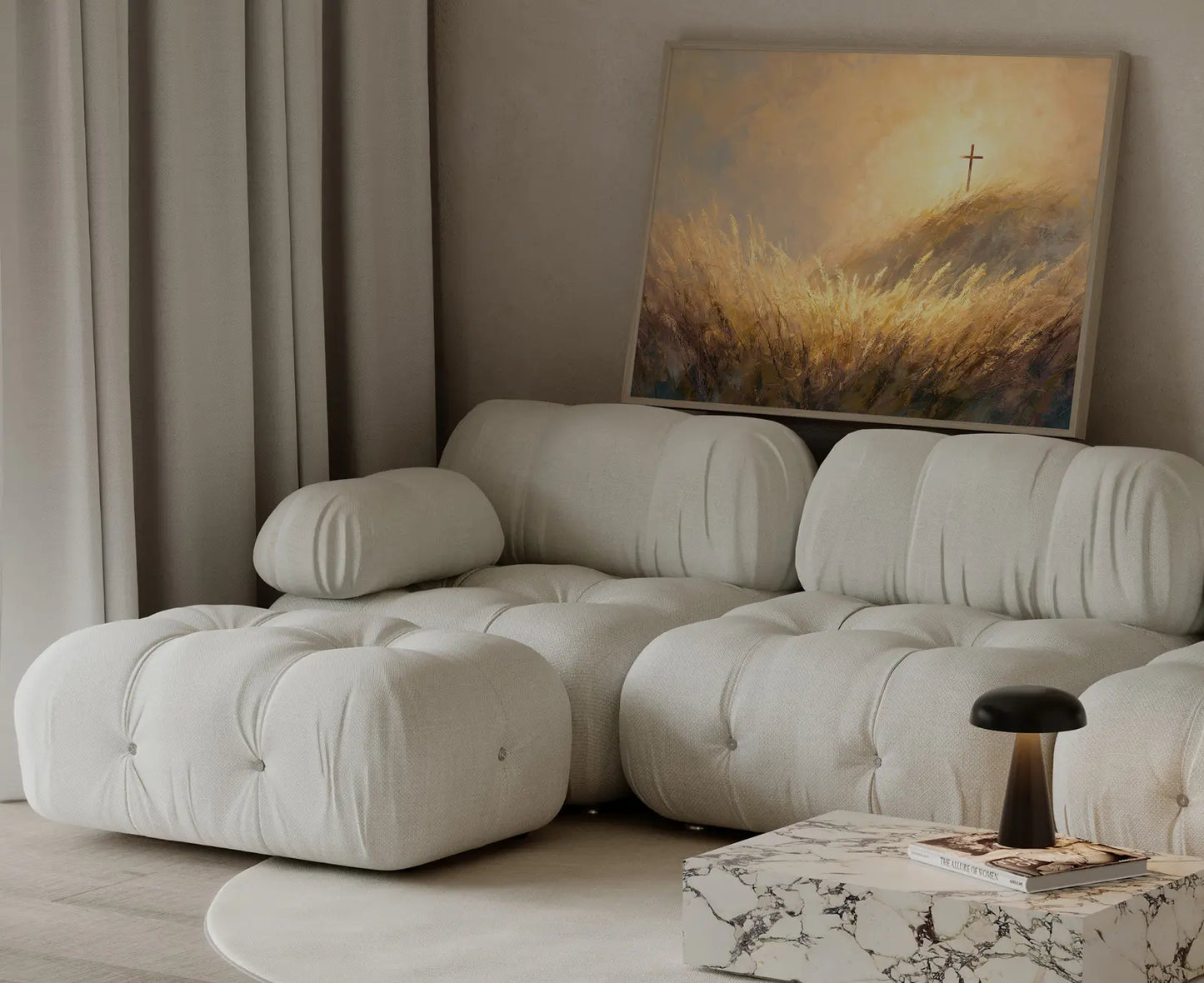 Cross and wheat field Christian landscape art print with warm golden tones styled in a contemporary Scandinavian interior