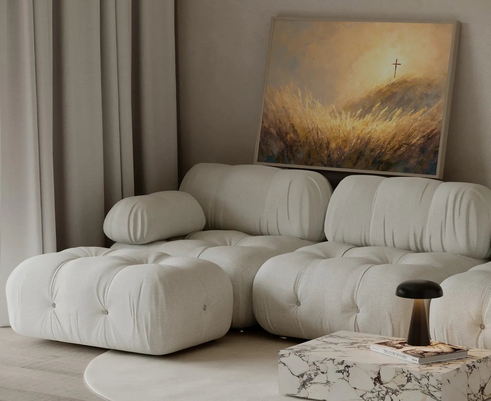 Cross and wheat field Christian landscape art print with warm golden tones styled in a contemporary Scandinavian interior