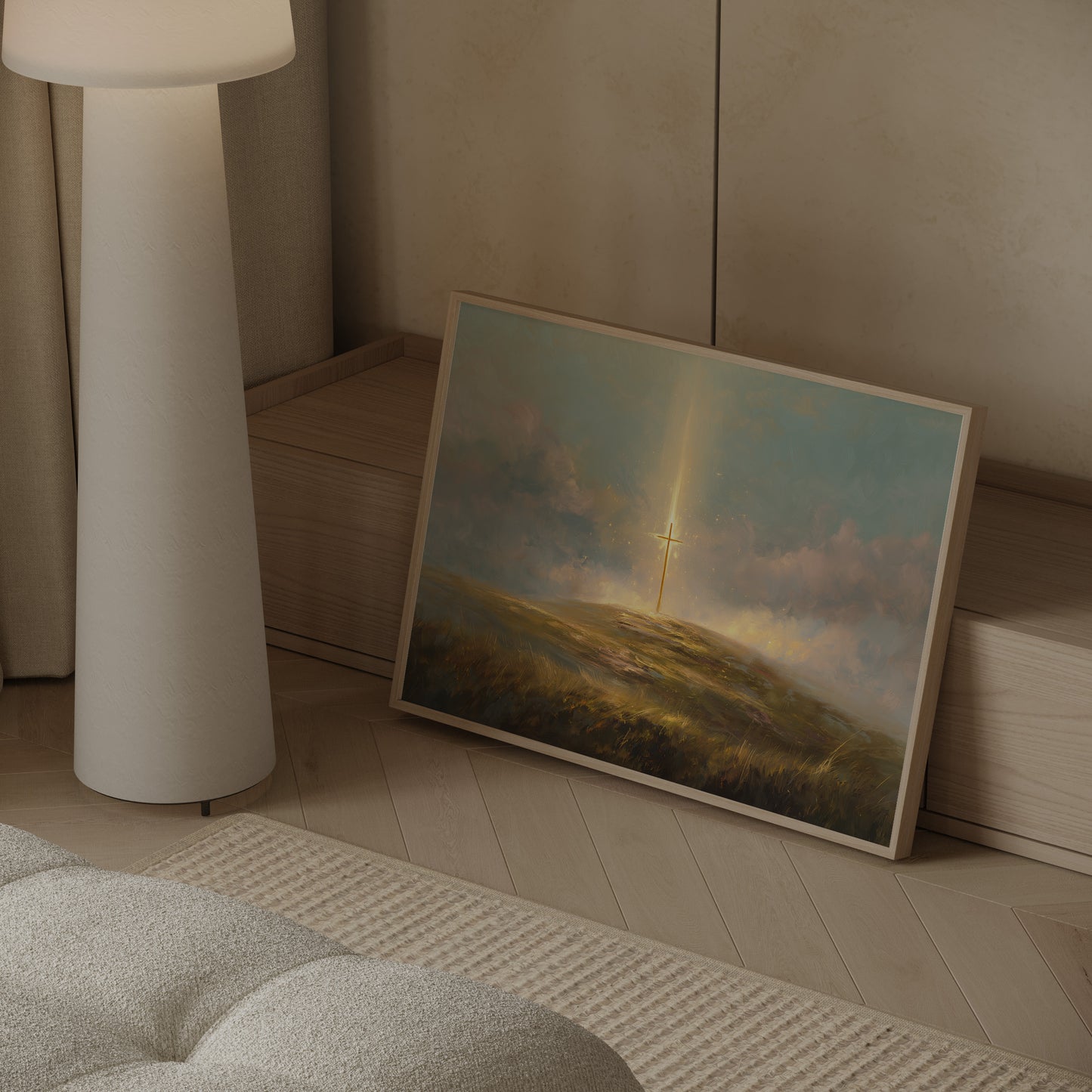 Minimalist modern spiritual painting of the Christian cross on a hill, with muted neutral tones, soft impressionist textures, and serene luminosity.