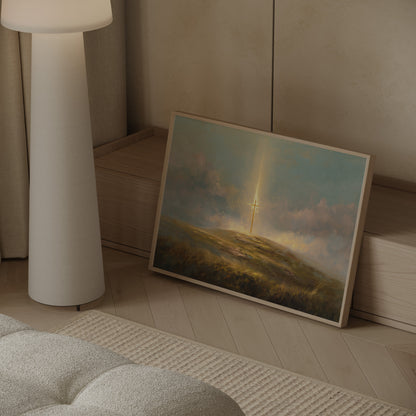 Minimalist modern spiritual painting of the Christian cross on a hill, with muted neutral tones, soft impressionist textures, and serene luminosity.