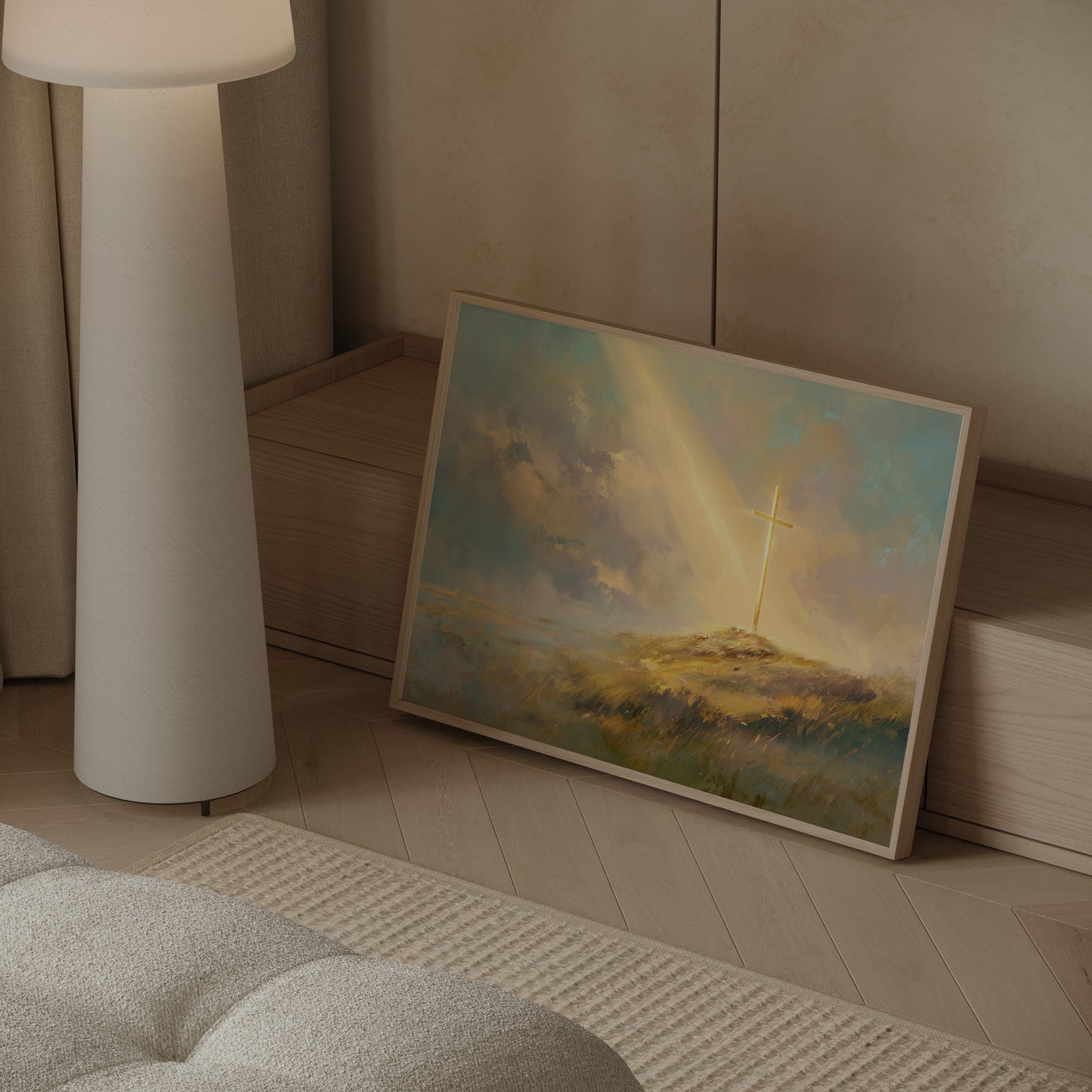 Modern Christian painting of a cross on a hill, featuring soft impressionist brushwork, tonal colors, and serene heavenly glow.