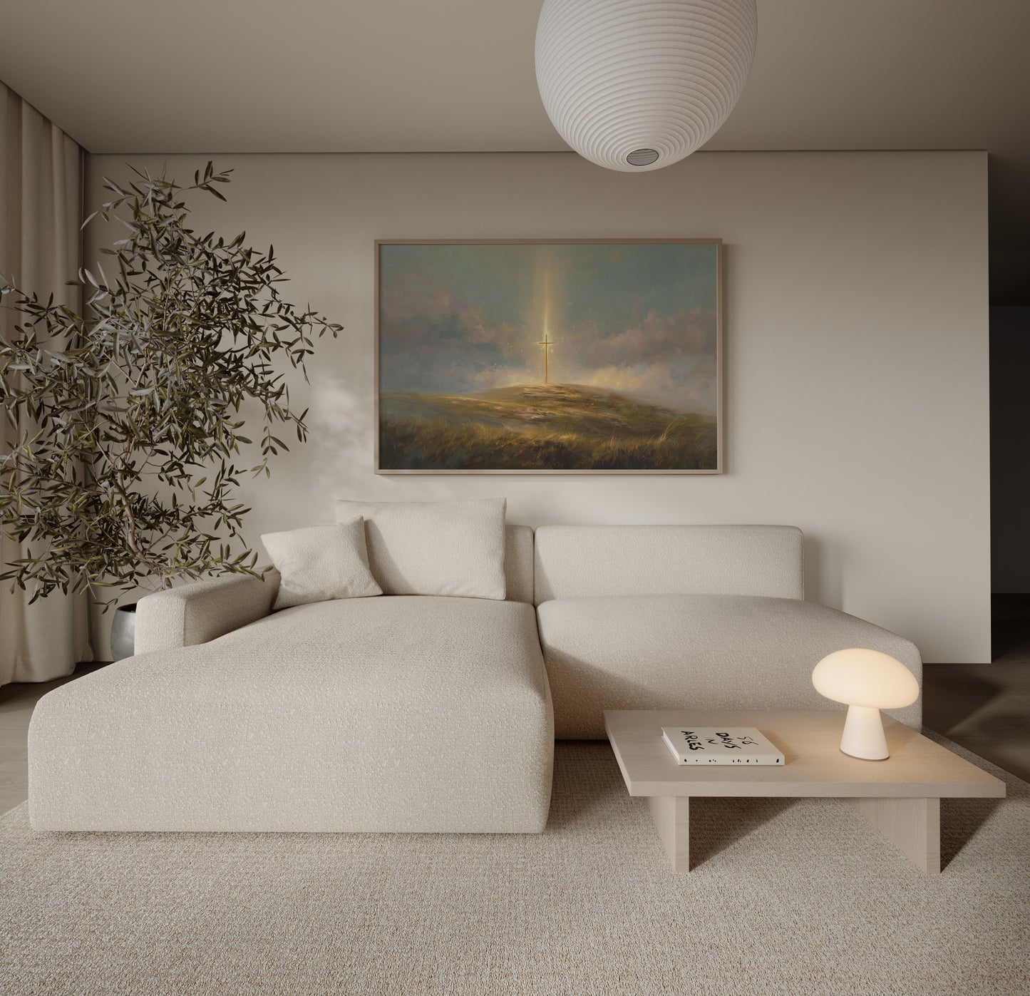 Modern Christian impressionist painting of a cross on a hill, with muted creams and golds, soft textures, and serene, heavenly atmosphere.