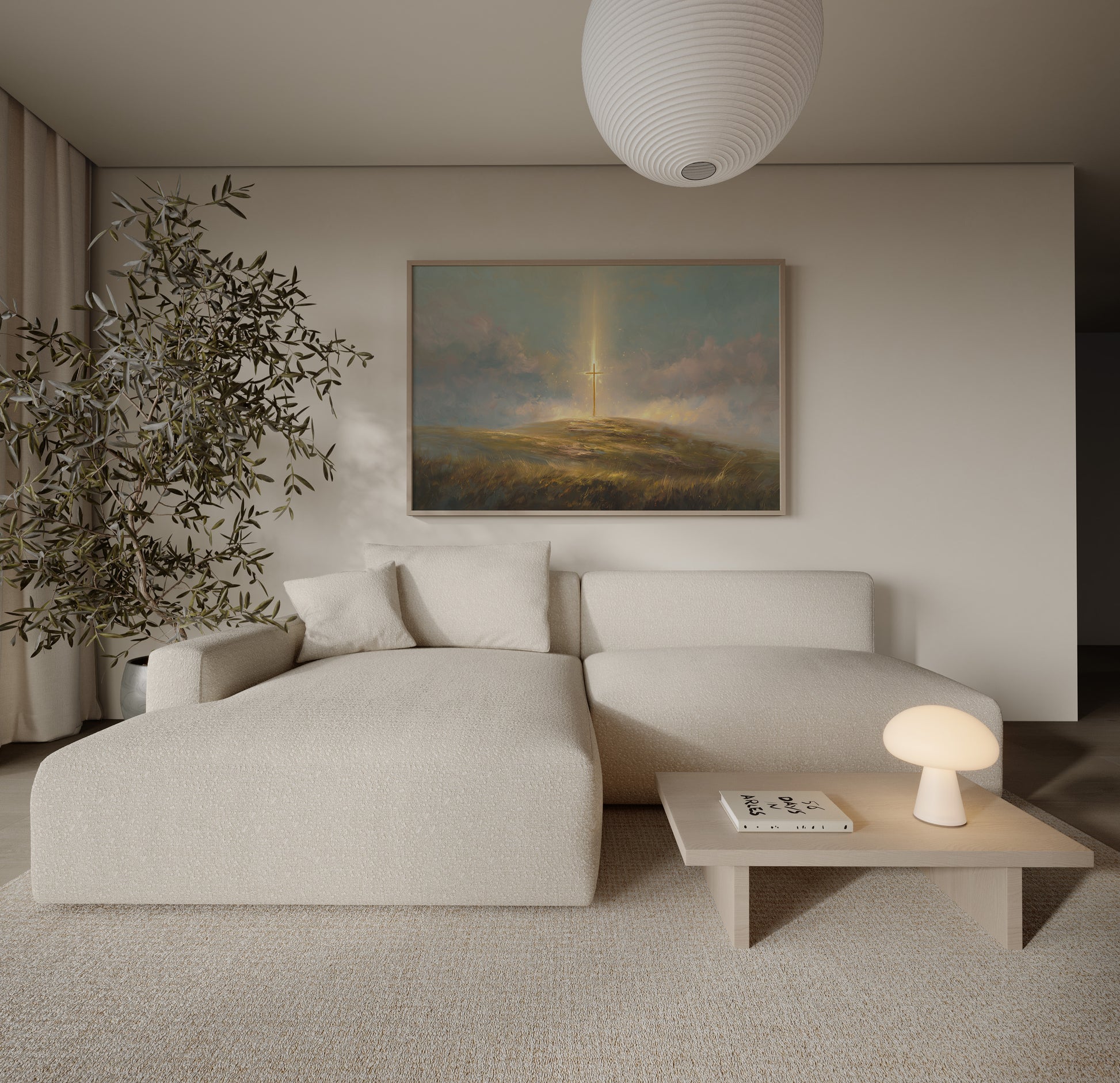 Modern Christian impressionist painting of a cross on a hill, with muted creams and golds, soft textures, and serene, heavenly atmosphere.