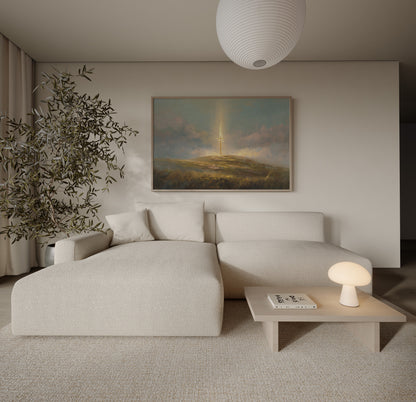 Modern Christian impressionist painting of a cross on a hill, with muted creams and golds, soft textures, and serene, heavenly atmosphere.