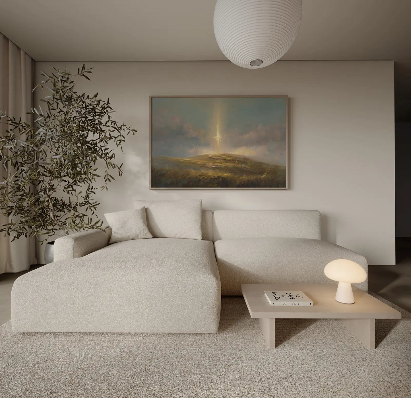 Golden cross wall art with storm clouds and heavenly beam perfect for prayer room and living room art