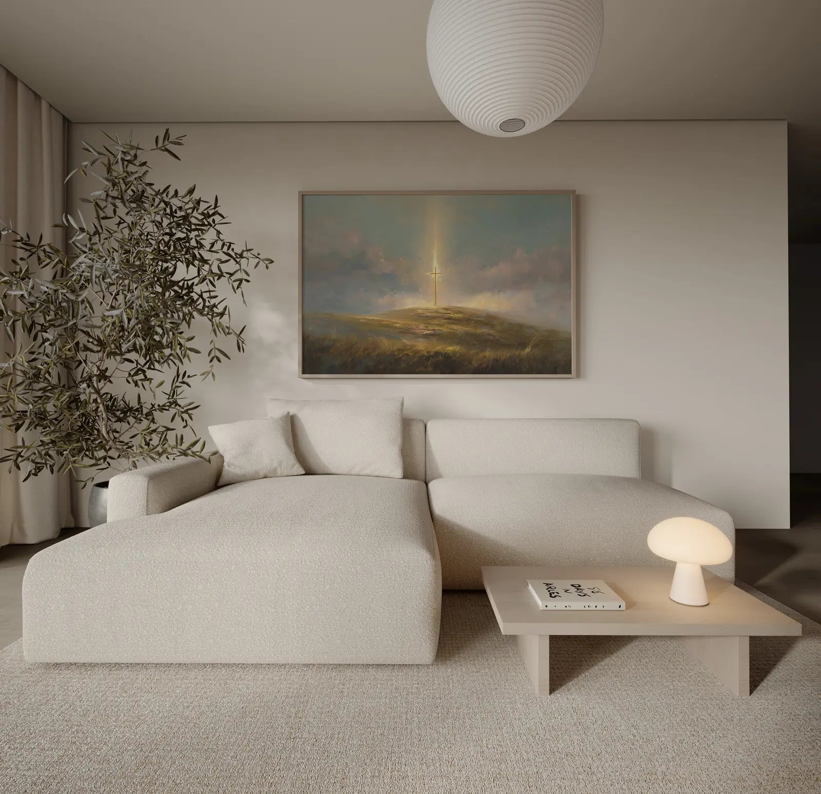 Golden cross wall art with storm clouds and heavenly beam perfect for prayer room and living room art