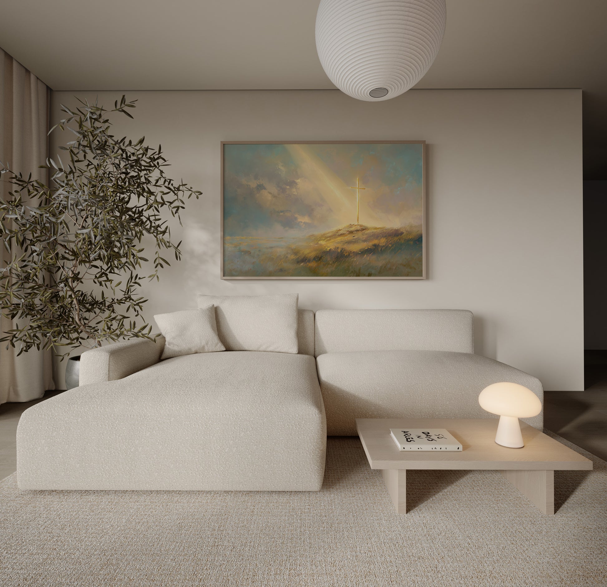 Modern ethereal Christian painting of a cross on a hill, with warm neutral colors, soft impressionist brushstrokes, and luminous spiritual light.