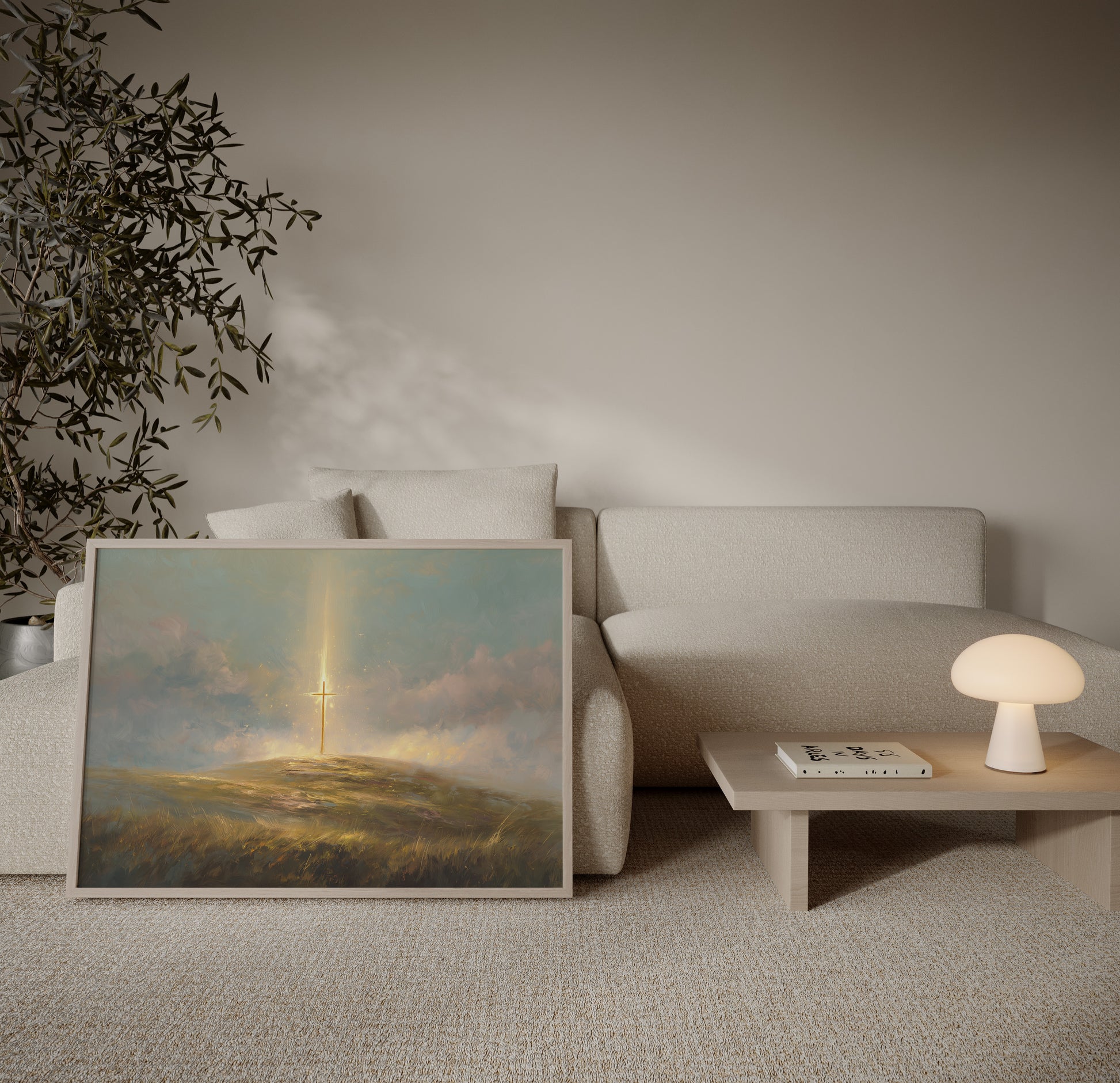 Modern impressionist spiritual painting of a cross on a hill, featuring muted earth tones, textured painterly strokes, and ethereal, glowing light.