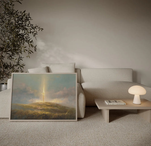 Calvary cross print with radiant light symbolizing redemption and hope in modern Christian home
