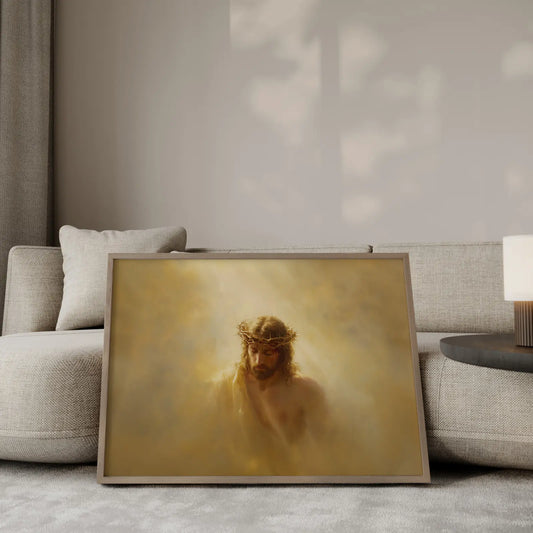 Jesus wearing crown of thorns with peaceful expression golden light sacrifice art – JesusArtworks