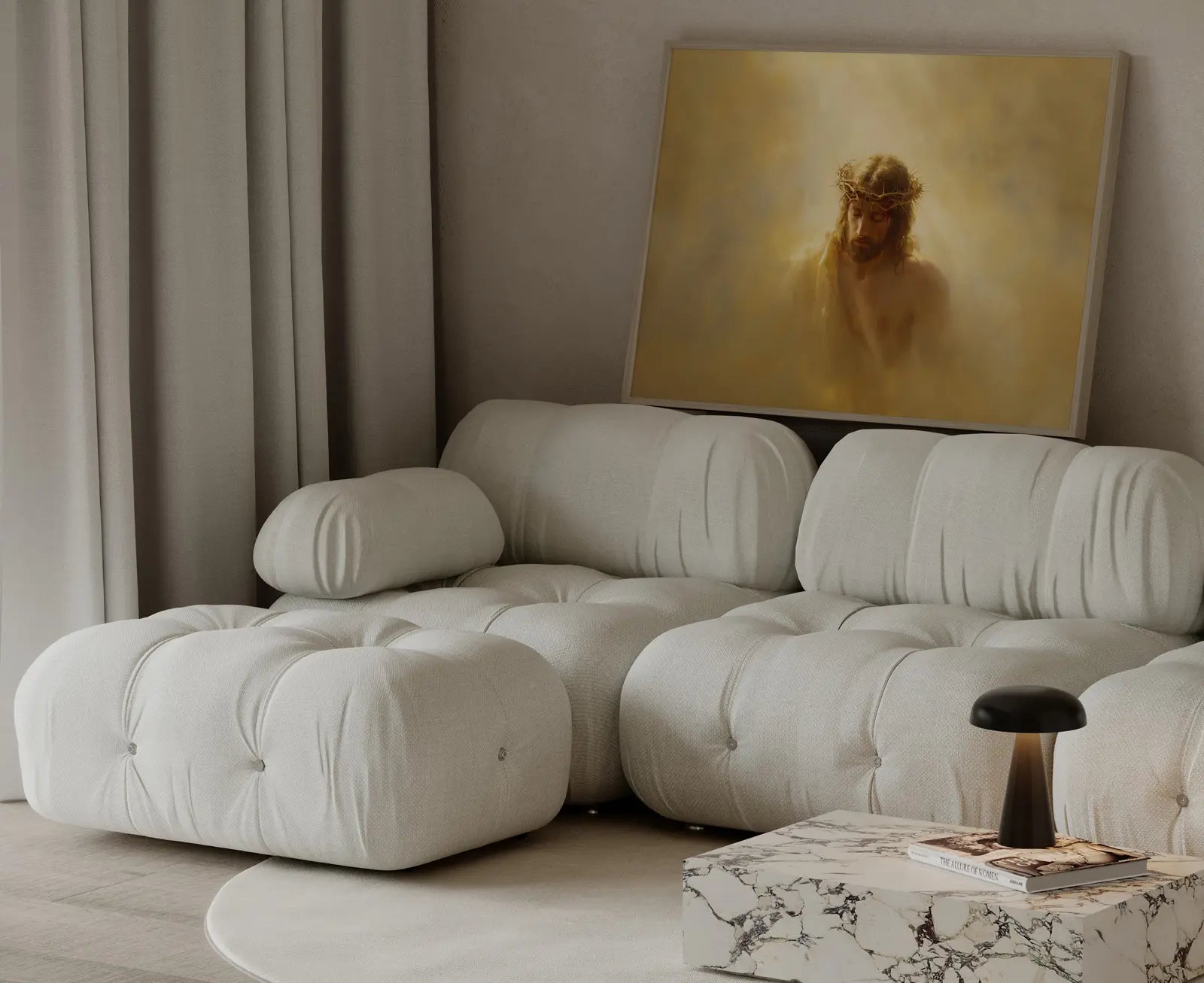 Weight of love art showing Christ humility and sacrificial obedience with golden tones
