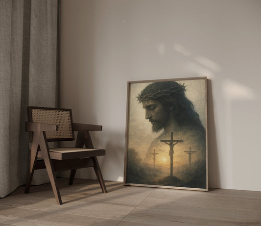 Tonalist Christian painting of the crucifixion of Jesus, featuring soft brushstrokes, atmospheric light, and a contemplative, sacred atmosphere.