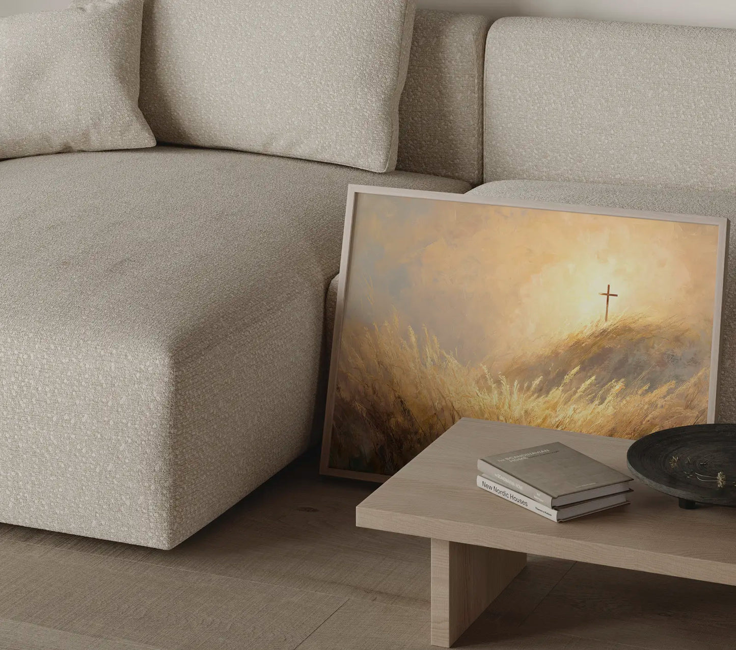 Christian cross wall art print with golden light and wheat field in a thin frame in a modern neutral living room – JesusArtworks