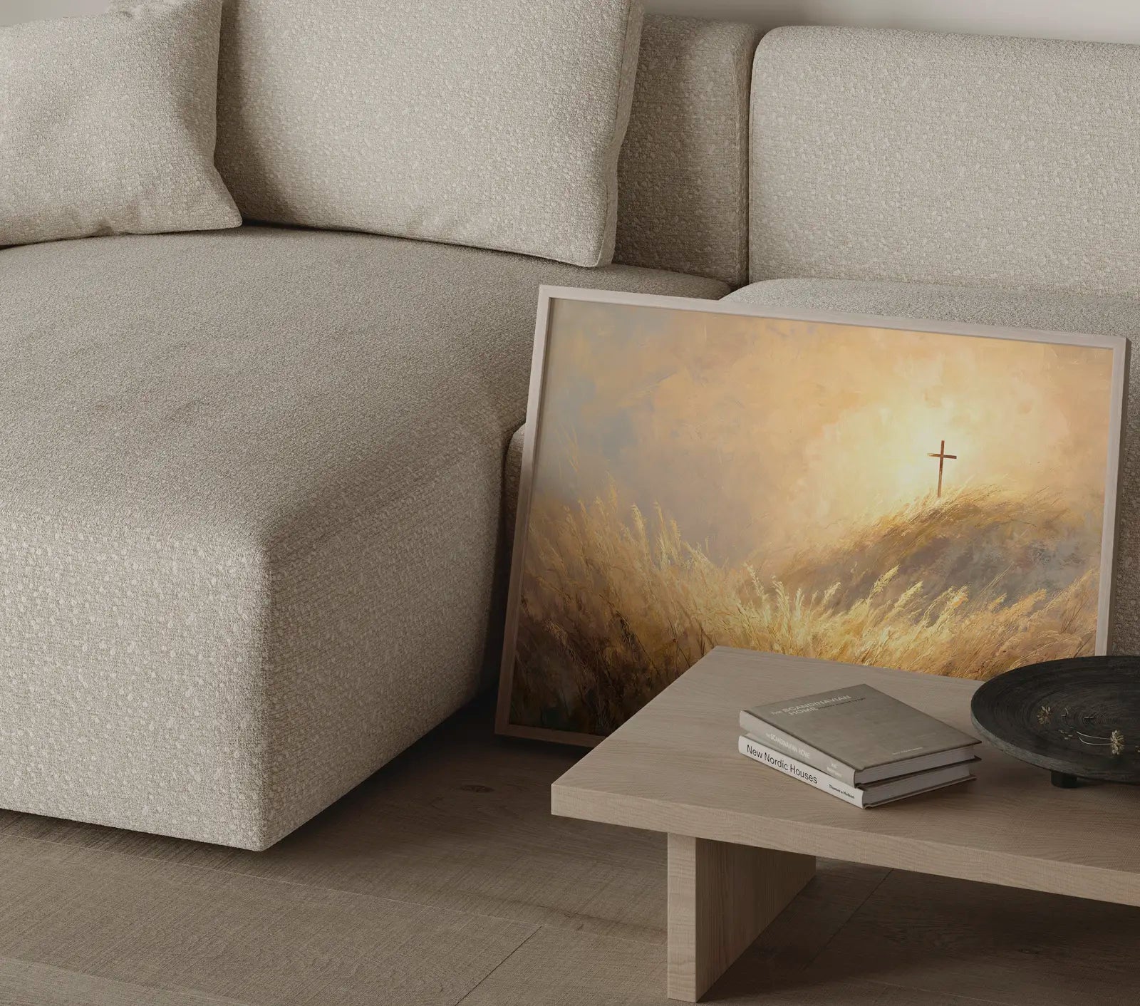 Christian cross wall art print with golden light and wheat field in a thin frame in a modern neutral living room – JesusArtworks