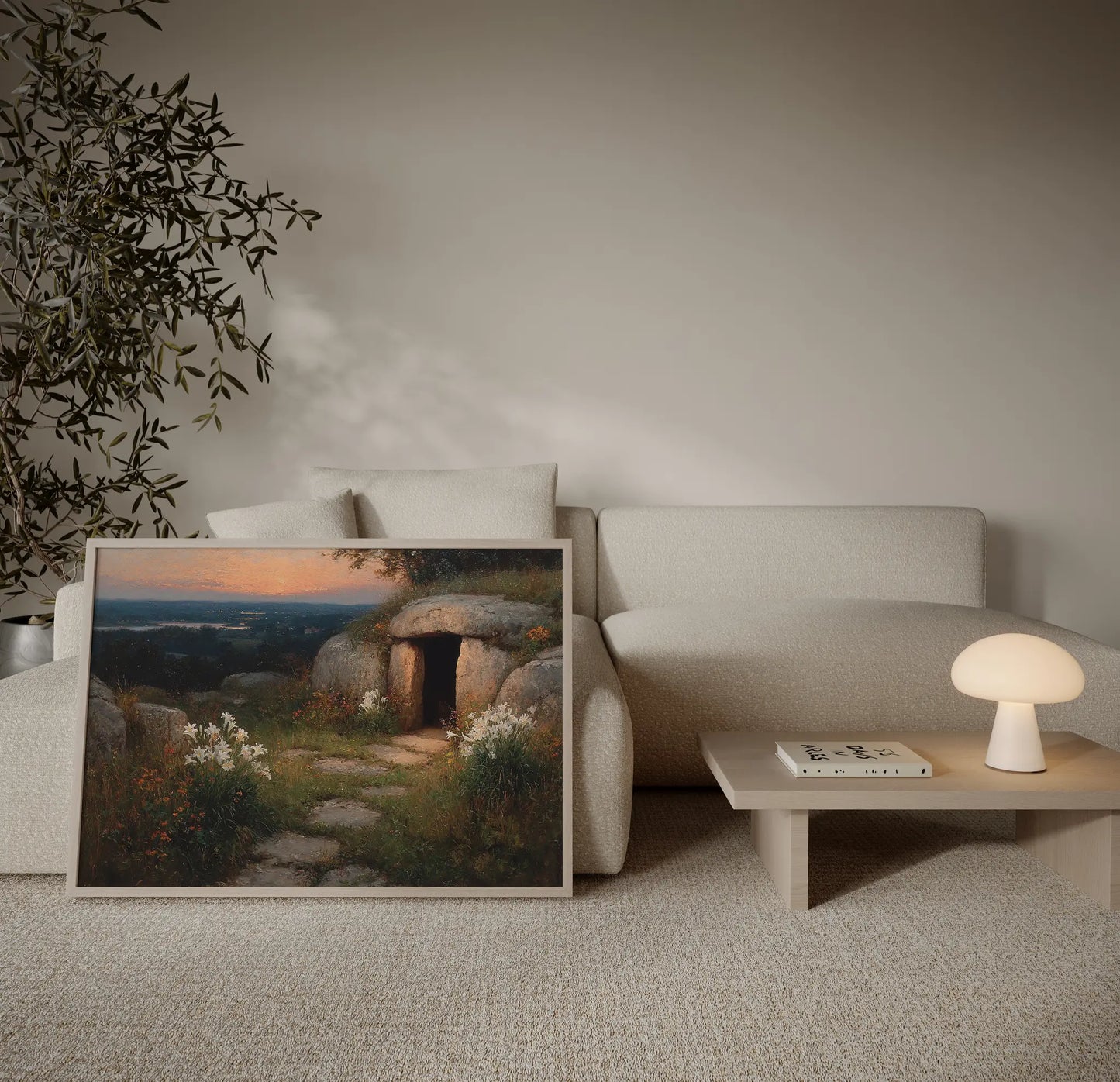 Empty tomb Easter lilies dramatic sunset valley oil painting art print in a warm, richly decorated living room with dark accent wall – JesusArtworks