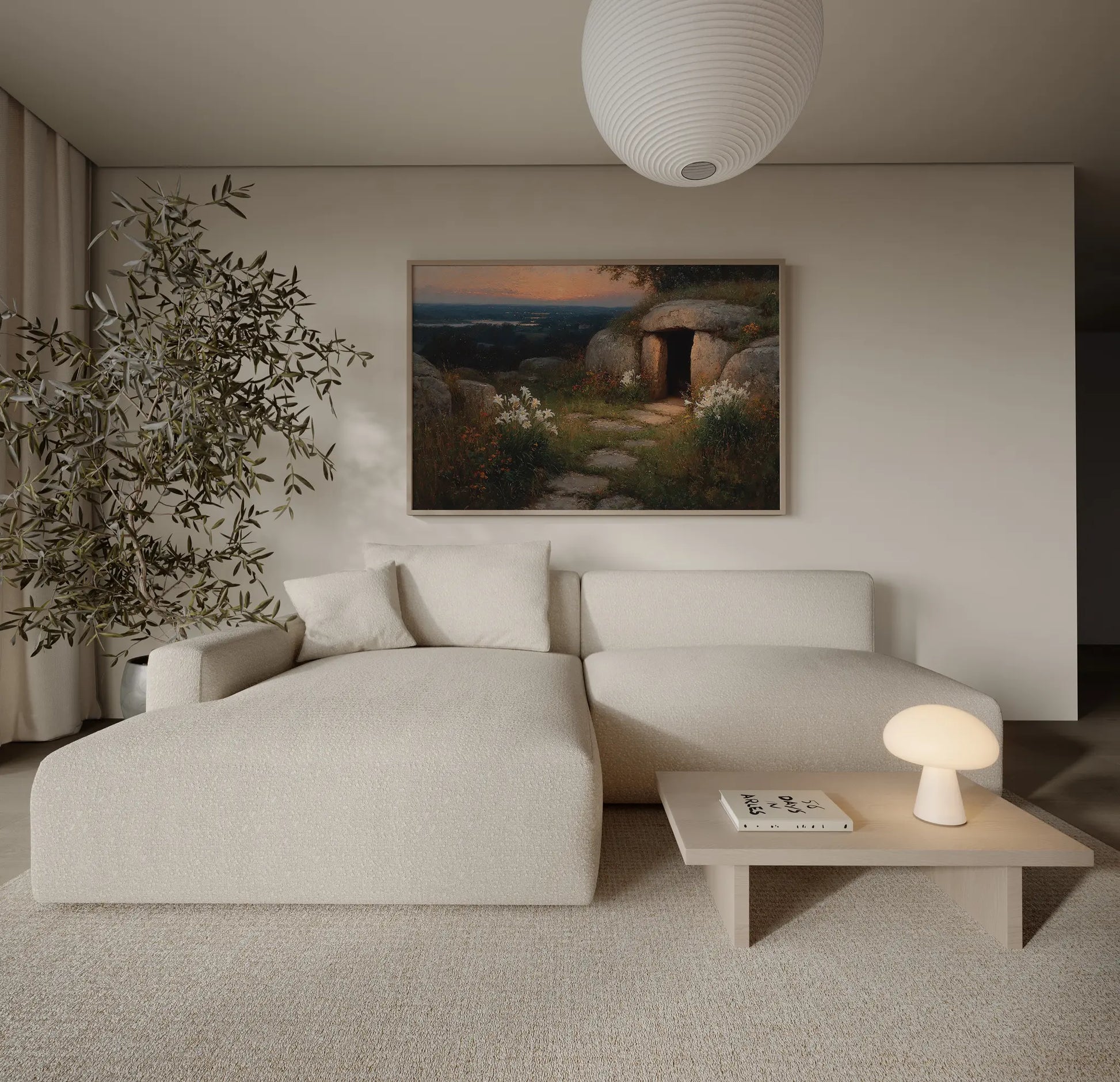 Before the World Woke empty tomb Easter dawn Christian art print in a contemporary home with warm earthy tones and natural textures – JesusArtworks