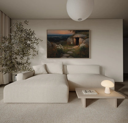 Before the World Woke empty tomb Easter dawn Christian art print in a contemporary home with warm earthy tones and natural textures – JesusArtworks
