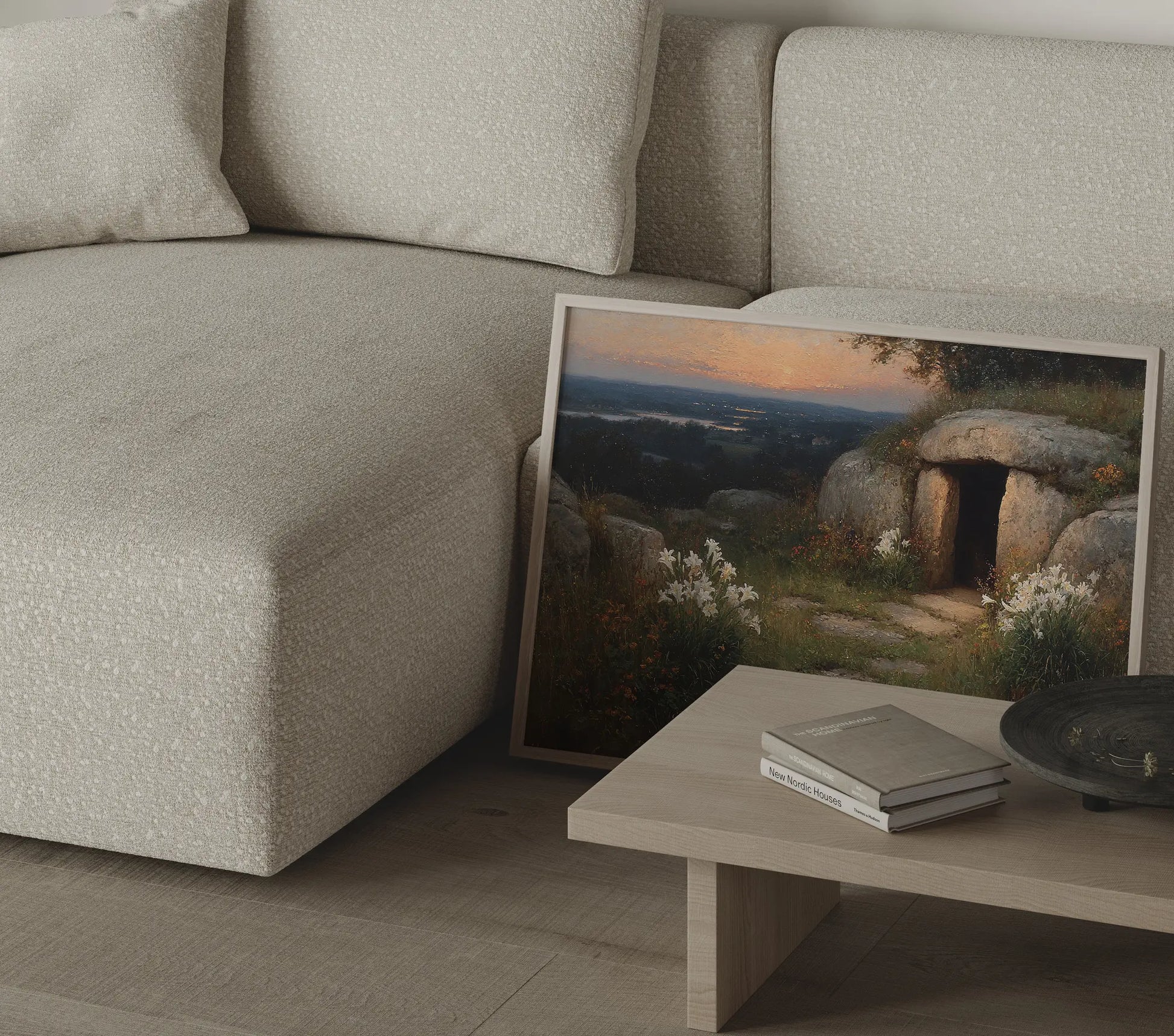 Empty tomb at sunrise with Easter lilies and stone path art print in a large format in a bold warm-toned bedroom – JesusArtworks
