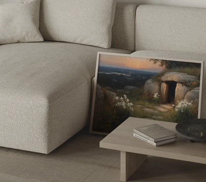 Empty tomb at sunrise with Easter lilies and stone path art print in a large format in a bold warm-toned bedroom – JesusArtworks