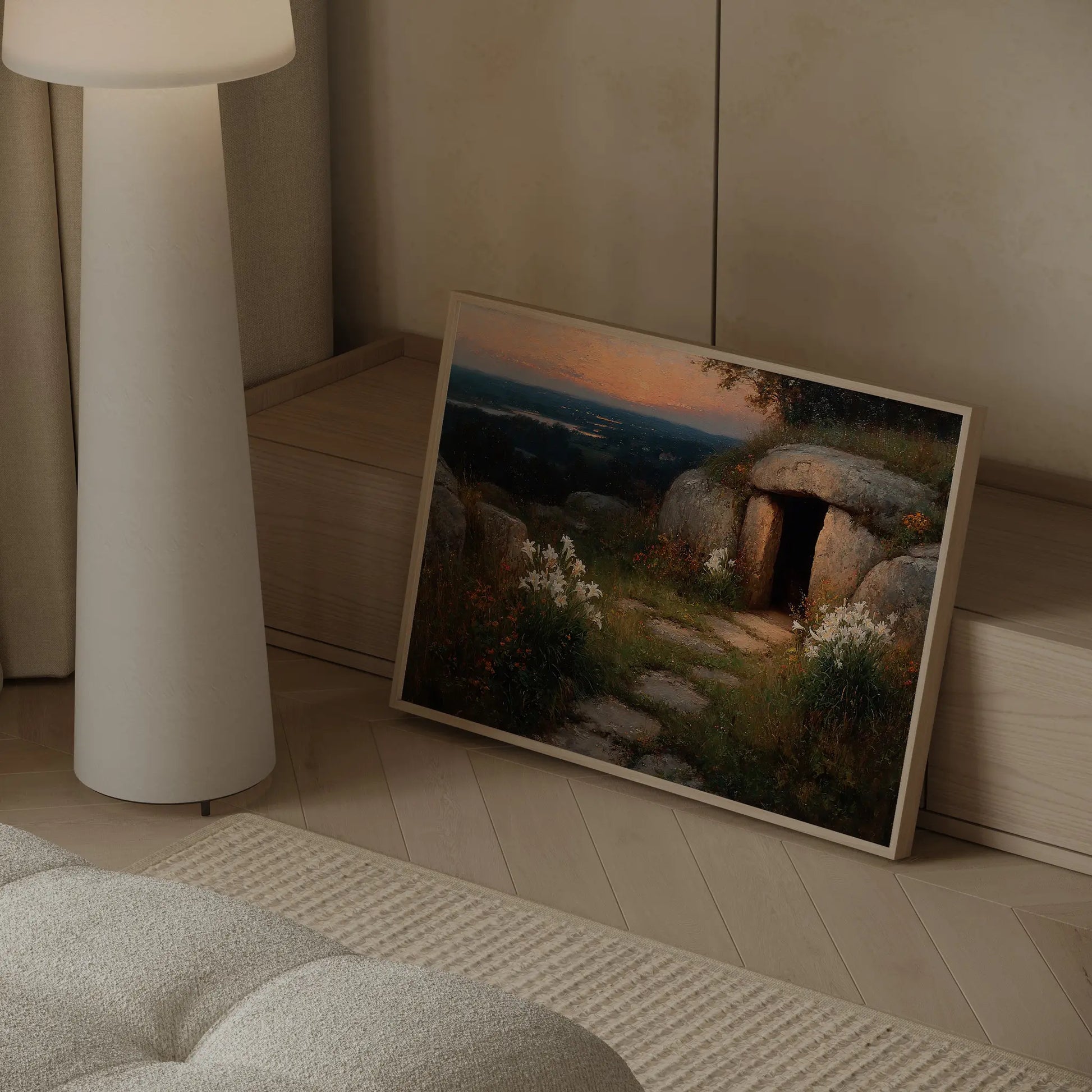 Before the World Woke framed empty tomb Easter lilies oil painting print in a warm traditional Christian home – JesusArtworks