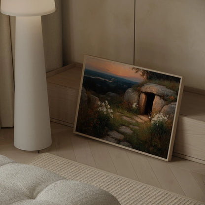 Before the World Woke framed empty tomb Easter lilies oil painting print in a warm traditional Christian home – JesusArtworks
