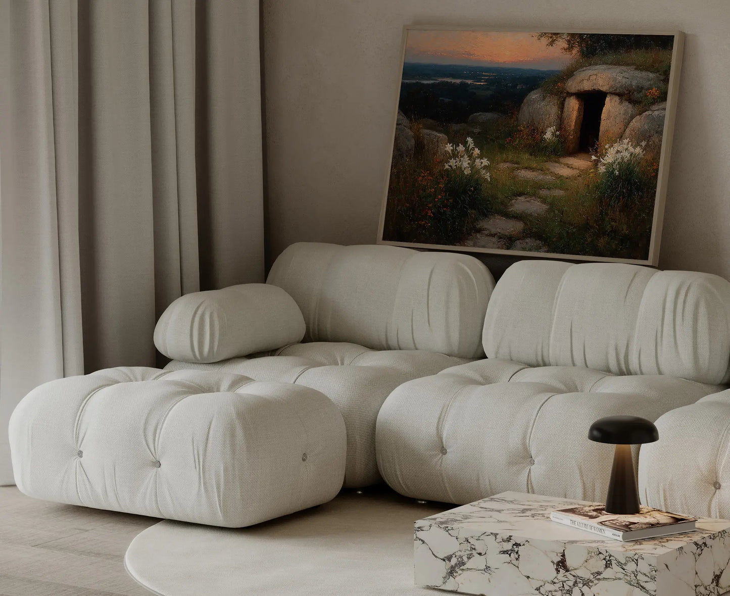 Empty tomb at dawn with Easter lilies and glowing valley framed oil painting above a sofa in a warm modern living room  – JesusArtworks