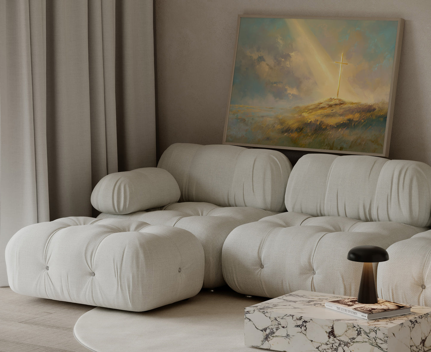 Ethereal painting of a Christian cross on a hill, with muted creams and golds, impressionist textures, and luminous spiritual atmosphere.