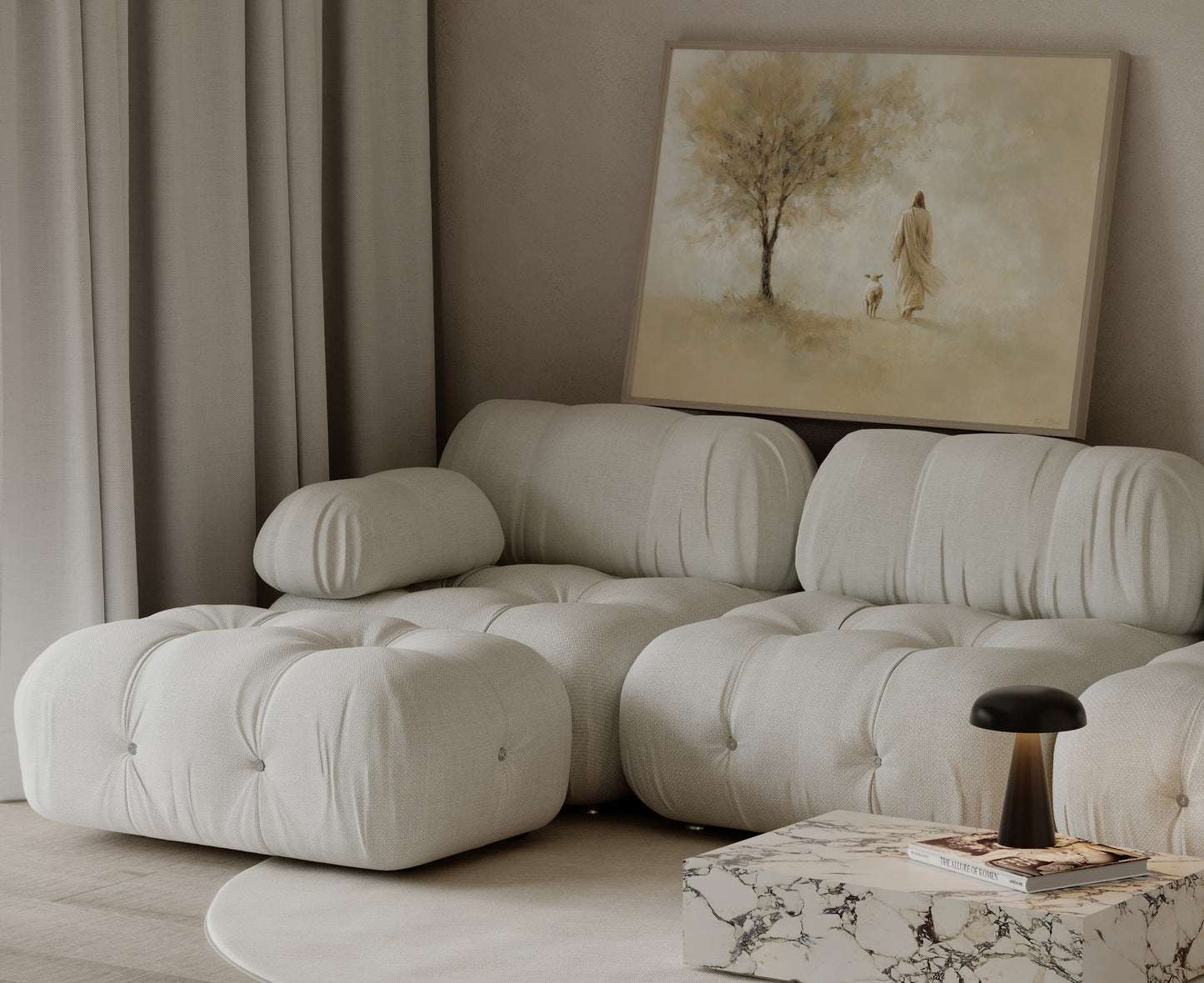 Ethereal impressionist painting of Jesus leaving the 99 sheep, warm muted colors, soft textures, and luminous spiritual glow.