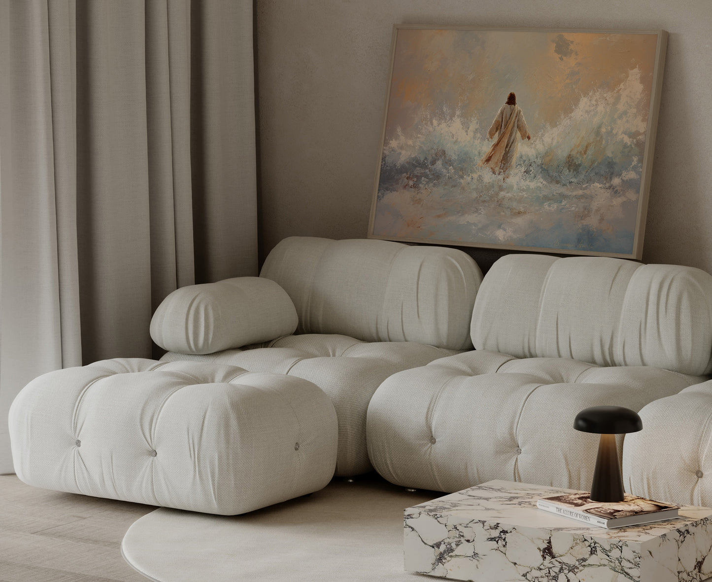 Ethereal Christian impressionist painting of Jesus walking on water, soft muted tones, delicate textures, and glowing divine light.