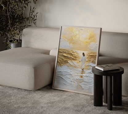 Ethereal modern painting of Jesus walking on water, impressionist textures, muted warm tones, and luminous divine light creating a peaceful spiritual mood.