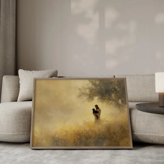 Every One Matters Jesus and the black lamb wall art print in a gold frame leaning against a modern beige sofa – Christian home decor by JesusArtworks