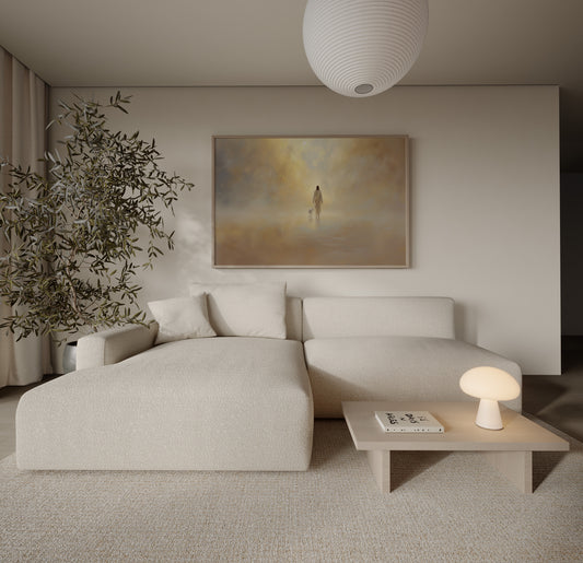 Contemporary religious painting of Jesus Christ carrying a small lamb through a golden mist