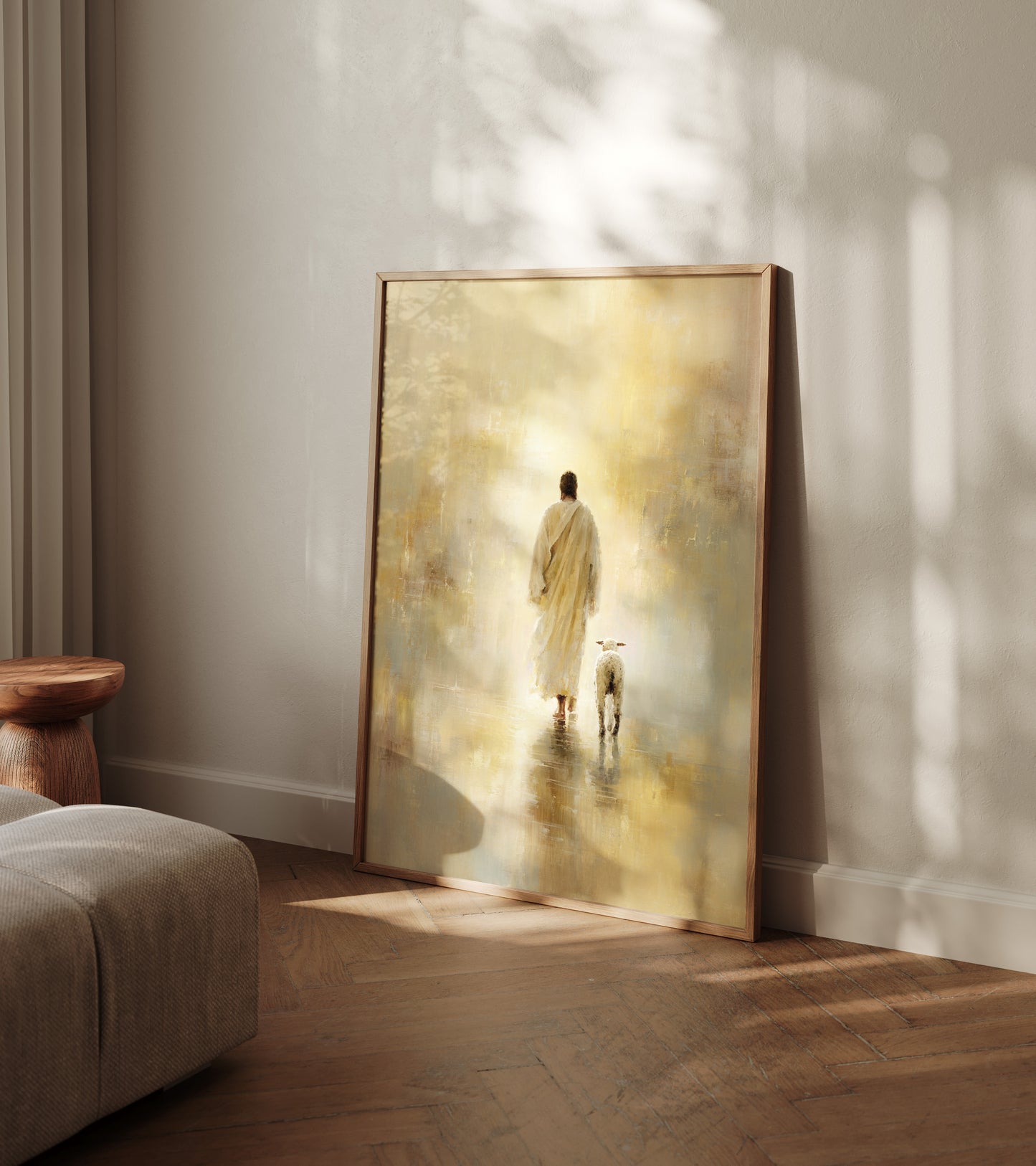 Vertical christian poster showing the full scene of Jesus walking with the rescued lamb