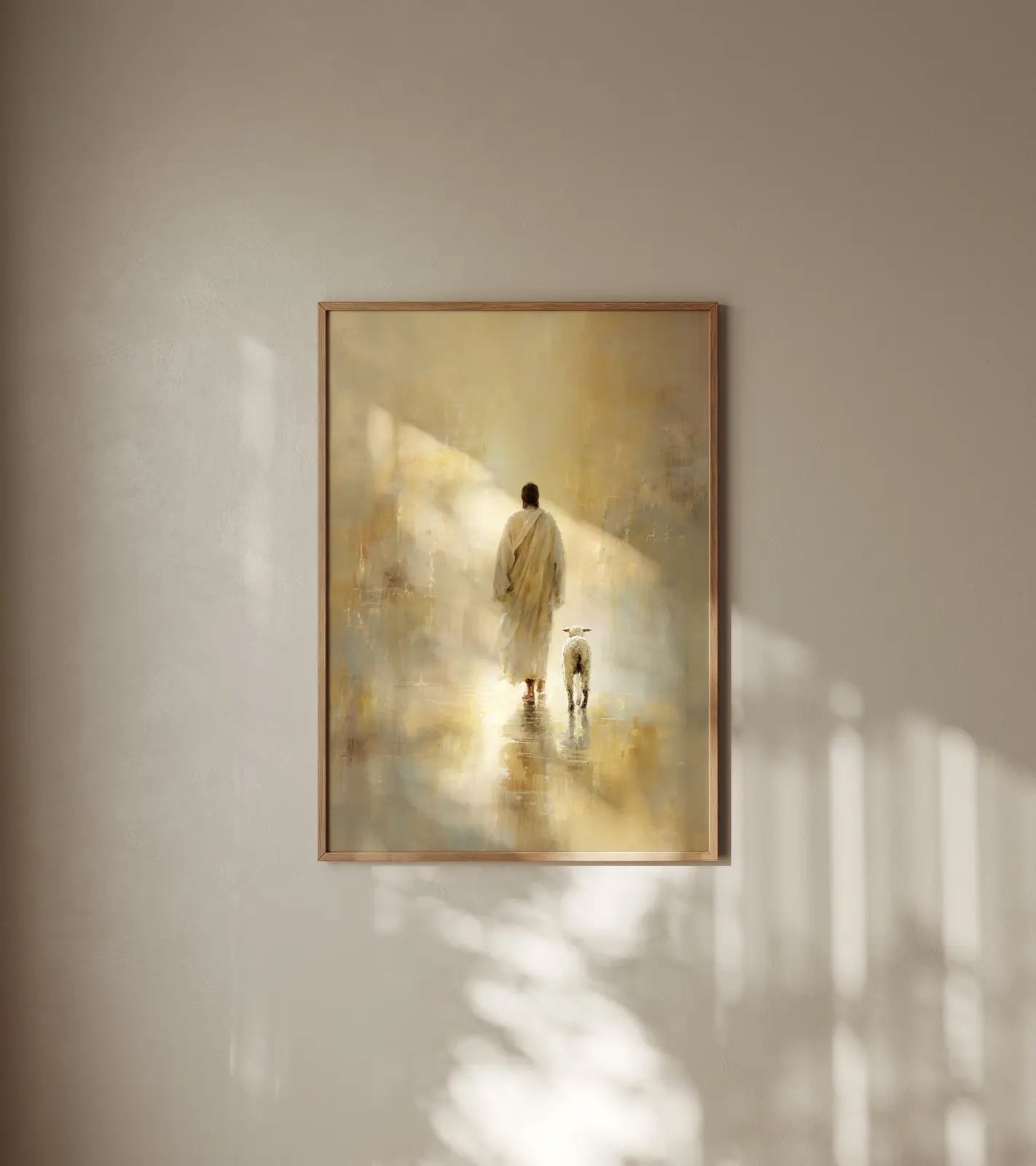 Warm Christian wall art framed in oak, displayed in a cozy beige living room for a peaceful atmosphere