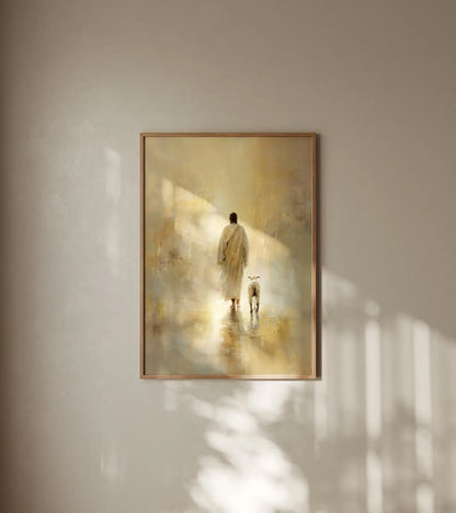 Warm Christian wall art framed in oak, displayed in a cozy beige living room for a peaceful atmosphere