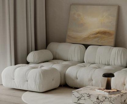Peaceful cross landscape wall art with warm tones and flowing brushstrokes for worship space
