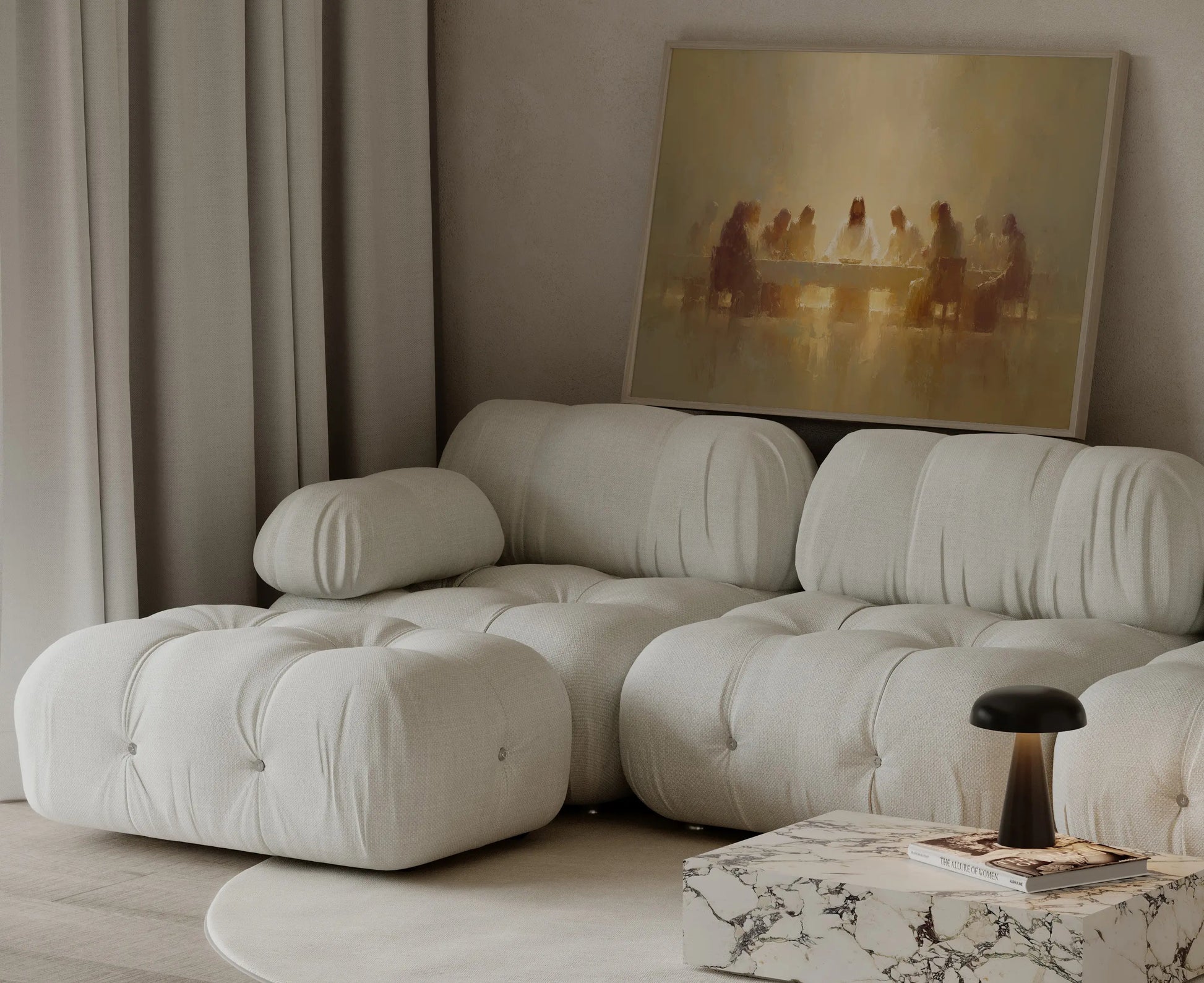 The Sacred Gathering framed art print of the Last Supper displayed as modern Christian living room decor