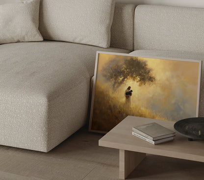 Good Shepherd art print with Jesus cradling a black lamb in a sunlit meadow styled in a contemporary Scandinavian interior