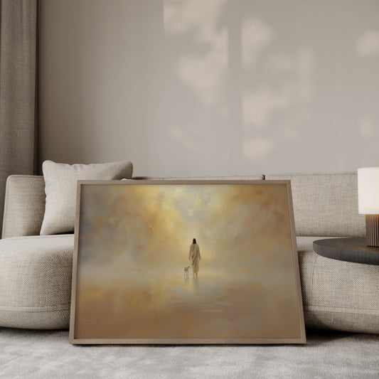 Modern christian wall art of the Good Shepherd leaving the ninety-nine to find one lost lamb