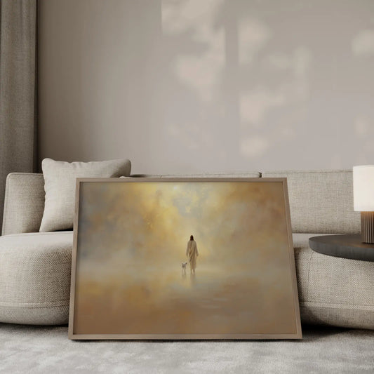 Jesus leaves the 99 wall art print, emotive painting of the Good Shepherd seeking the lost sheep