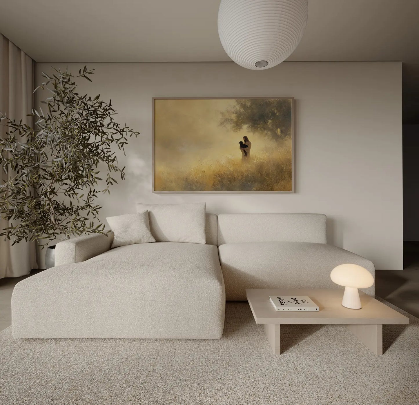 Good Shepherd art print with Jesus cradling a lost black lamb in soft golden light styled in a contemporary Scandinavian interior
